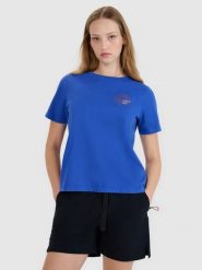 4F T-shirt regular z nadrukiem damski - niebieski XL. Niebieskie t-shirty damskie 4F, xl, bez wzorów, z bawełny, bez kołnierzyka. W wyprzedaży za 29.99 zł.
