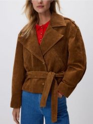 Skórzana kurtka - brązowy. Brązowe kurtki damskie Reserved, l, bez wzorów, ze skóry, bez kaptura. Za 599.99 zł.