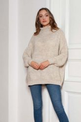 Oversizowy Sweter z Luźnym Golfem - Beżowy. Brązowe golfy damskie Lanti, uniwersalny, z materiału, bez kołnierzyka. Za 249.90 zł.