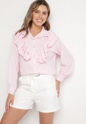 Różowa Koszula z Ozdobną Falbaną Cornelea. Czerwone koszule damskie Born2be, bez wzorów, z jeansu, eleganckie, bez kołnierzyka, bez ramiączek. Za 79.99 zł.