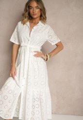 Biała Koszulowa Sukienka z Bawełny z Wiązanym Paskiem i Haftowanymi Zdobieniami Efronelle. Białe sukienki damskie Renee, z aplikacjami, z bawełny, eleganckie, bez ramiączek. W wyprzedaży za 127.99 zł.