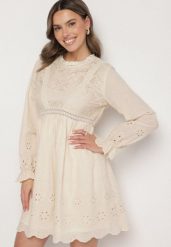Beżowa Sukienka Boho o Rozkloszowanym Kroju z Haftowanymi Zdobieniami Ifflina. Brązowe sukienki damskie Born2be, z aplikacjami, z materiału, boho, bez ramiączek. W wyprzedaży za 110.49 zł.