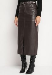 Czarna Długa Spódnica High Waist z Imitacji Skóry z Dodatkowym Paskiem i Rozcięciem Wyneti. Czarne spódnice damskie Born2be, na co dzień, l, bez wzorów, ze skóry, eleganckie, maxi. Za 139.99 zł.