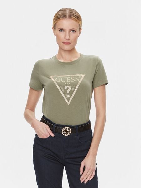 Guess T-Shirt W4RI69 J1314 Zielony Regular Fit. Zielone t-shirty damskie Guess, xs, z aplikacjami, z bawełny, bez kołnierzyka. Za 89.99 zł.