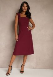 Bordowa Klasyczna Sukienka z Szerokimi Ramiączkami Devielle. Czerwone sukienki damskie Renee, bez wzorów, z materiału, eleganckie, bez ramiączek. W wyprzedaży za 91.99 zł.