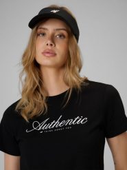 4F T-shirt regular z nadrukiem damski - czarny L. Czarne t-shirty damskie 4F, l, bez wzorów, z bawełny, bez kołnierzyka. Za 59.99 zł.