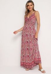 Różowa Wiskozowa Sukienka Boho na Ramiączkach z Gumką w Pasie Elorea. Czerwone sukienki damskie Born2be, bez wzorów, z materiału, boho, bez ramiączek. Za 79.99 zł.