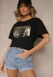 Czarny T-shirt z Bawełny z Naszytymi Cekinami Avenelli. Czarne t-shirty damskie Renee, xl, bez wzorów, z bawełny, bez kołnierzyka. Za 39.99 zł.