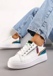 Biało-Niebieskie Sneakersy z Ozdobnym Suwakiem i Platformą Iolanna. Białe obuwie sportowe damskie Renee, z materiału, bez zapięcia. Za 89.99 zł.