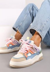 Beżowo-Różowe Płaskie Sneakersy z Geometrycznym Zdobieniem Evithia. Brązowe obuwie sportowe damskie Born2be, z materiału, bez zapięcia. Za 109.99 zł.