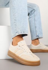 Beżowe Sneakersy w Stylu Tenisówek z Paskami Falanisa. Brązowe obuwie sportowe damskie Born2be, z jeansu, bez zapięcia, tenisowe. Za 89.99 zł.