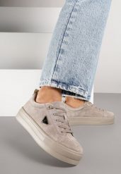 Szare Sneakersy na Platformie z Zamszu Naturalnego Ozdobione Aplikacją Beliale. Szare obuwie sportowe damskie Renee, z jeansu, bez zapięcia. Za 199.99 zł.