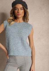 Niebieska Sweterkowa Kamizelka z Wełną z Prążkowanego Materiału Titheora. Niebieskie kamizelki damskie Renee, bez wzorów, prążkowane, bez kaptura. Za 89.99 zł.