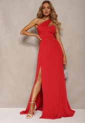 Czerwona Sukienka o Rozkloszowanym Kroju na Jedno Ramię z Głębokim Rozcięciem Efiela. Czerwone sukienki damskie Renee, bez wzorów, eleganckie, bez ramiączek. Za 99.99 zł.