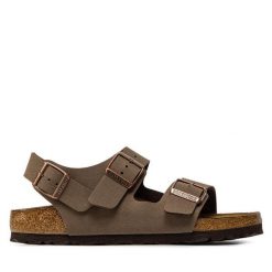 Sandały Birkenstock. Brązowe sandały damskie Birkenstock, bez wzorów, bez obcasa, na płaskiej podeszwie, bez zapięcia. Za 409.99 zł.
