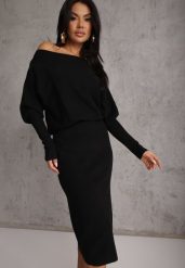 Czarna Nietoperzowa Sukienka z Dzianiny z Wiskozą z Dekoltem w Łódkę Yuzoma. Czarne sukienki damskie Renee, bez wzorów, z dzianiny, bez ramiączek. Za 169.99 zł.