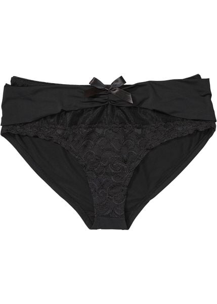 Figi z poliamidem z recyklingu. Czarne figi bonprix, z aplikacjami, z koronki. Za 39.99 zł.