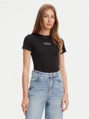 Guess Jeans T-Shirt W5YP37 KA0H1 Czarny Slim Fit. Czarne t-shirty damskie Guess Jeans, xxl, z aplikacjami, z bawełny, bez kołnierzyka. Za 79.00 zł.