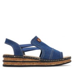 Sandały Rieker. Niebieskie sandały damskie Rieker, bez wzorów, bez obcasa, na koturnie, bez zapięcia. Za 319.99 zł.