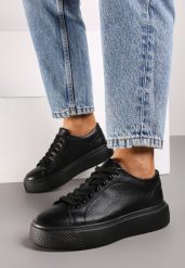 Czarne Klasyczne Sznurowane Sneakersy na Grubej Podeszwie Teralla. Czarne obuwie sportowe damskie Born2be, z jeansu, bez zapięcia. Za 84.99 zł.
