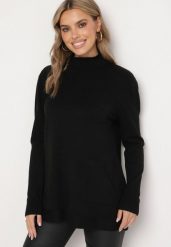 Czarny Sweter z Półgolfem Bawełną i Kieszenią w Stylu Kangurka Emirielia. Czarne swetry klasyczne damskie Born2be, l, z bawełny, bez kołnierzyka. Za 89.99 zł.