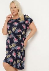 Granatowo-Różowa Bawełniana Sukienka z Florystycznym Motywem i Wiązaniem w Talii Rissani. Niebieskie sukienki damskie Born2be, bez wzorów, z bawełny, bez ramiączek. Za 69.99 zł.