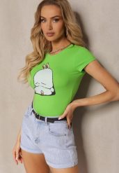 Jasnozielony T-shirt z Bawełny z Ozdobnym Nadrukiem Janesto. Zielone t-shirty damskie Renee, m, bez wzorów, z bawełny, bez kołnierzyka. Za 39.99 zł.