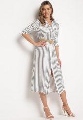 Biało-Czarna Sukienka Midi w Koszulowym Stylu z Lnem i Paskiem z Klamrą Egogia. Białe sukienki damskie Born2be, bez wzorów, eleganckie, bez ramiączek. Za 139.99 zł.