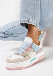 Biało-Różowe Sneakersy na Platformie z Ozdobnym Sznurowaniem Awidea. Białe obuwie sportowe casual damskie Born2be, z jeansu, bez zapięcia. Za 89.99 zł.