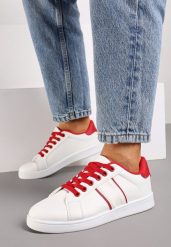 Biało-Czerwone Płaskie Sneakersy ze Sznurowaniem Ozdobione Paskami Elithna. Białe obuwie sportowe damskie Born2be, z materiału, bez zapięcia. Za 79.99 zł.