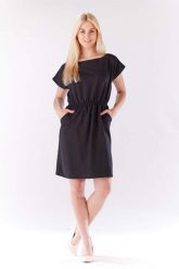 Czarna Sukienka z Gumkami w Talii z Kimonowym Rękawkiem. Czarne sukienki damskie Lou-Lou, bez wzorów, z dzianiny, bez ramiączek. Za 149.90 zł.
