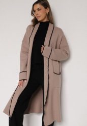 Beżowy Długi Niezapinany Kardigan Ozdobiony Lamówką Veritusa. Brązowe kardigany damskie Born2be, uniwersalny, bez wzorów, z jeansu. Za 119.99 zł.