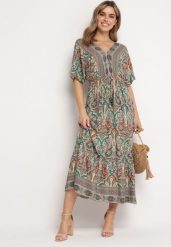 Zielono-Brązowa Sukienka Maxi z Wiskozy w Stylu Boho z Wzorem Paisley i Gumką w Pasie Naroli. Zielone sukienki damskie Born2be, bez wzorów, z wiskozy, boho, bez ramiączek. W wyprzedaży za 76.49 zł.