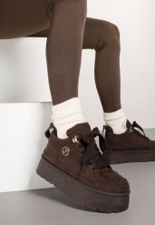 Brązowe Sneakersy z Imitacji Zamszu na Platformie Ocieplane Futrem Sennalia. Brązowe obuwie sportowe damskie Born2be, z jeansu, bez zapięcia. Za 119.99 zł.