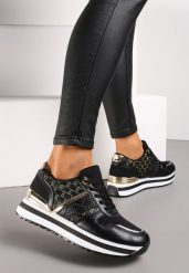 Czarne Sneakersy na Podeszwie z Pianki ze Sznurowaniem i Błyszczącymi Detalami Weline. Czarne obuwie sportowe damskie Renee, bez zapięcia. Za 89.99 zł.