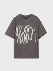 Koszulka z nadrukiem Korn - szary. Szare koszulki damskie Sinsay, l, bez wzorów, bez kołnierzyka, bez ramiączek. Za 45.99 zł.