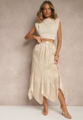 Beżowa Spódnica o Rozkloszowanym Kroju z Błyszczącą Nitką Lumorisse. Brązowe spódnice damskie Renee, na co dzień, l, bez wzorów, eleganckie, maxi. Za 109.99 zł.