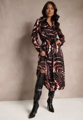 Czarno-Czerwona Koszulowa Sukienka o Rozkloszowanym Kroju z Gumką w Talii w Abstrakcyjny Print Tinnelittia. Czarne sukienki damskie Renee, bez wzorów, eleganckie, bez ramiączek. W wyprzedaży za 151.99 zł.