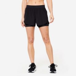 Spodenki fitness cardio damskie Domyos 2 w 1. Czarne spodenki sportowe damskie DOMYOS, l, bez wzorów, z materiału, na fitness i siłownię. Za 69.99 zł.
