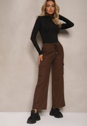 Brązowe Szerokie Spodnie Dresowe Cargo High Waist w Stylu Cargo z Ociepleniem Sevifra. Brązowe spodnie dresowe damskie Renee, bez wzorów, z dresówki, długie. Za 49.99 zł.