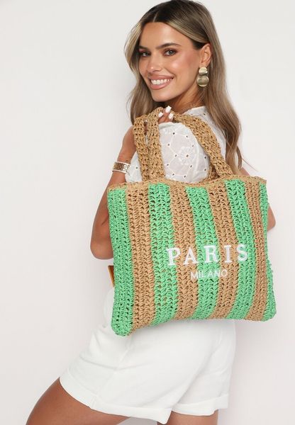 Zielono-Beżowa Torebka z Plecionki z Ozdobnym Nadrukiem "Paris Milano" Rivani. Zielone shopper bag Born2be, bez wzorów, bez dodatków. Za 109.99 zł.