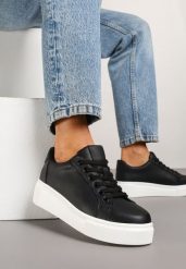 Czarne Sneakersy Skórzane na Platformie z Ozdobą i Perforacją Neolivia. Czarne obuwie sportowe damskie Renee, z jeansu, bez zapięcia. Za 119.99 zł.