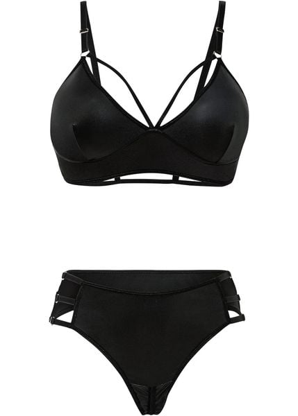 Biustonosz bustier + stringi ouvert z efektem wetlook (komplet 2-cz.). Czarne komplety bielizny bonprix, bez wzorów. Za 84.99 zł.