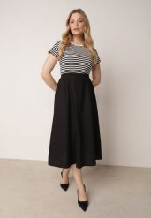 Czarno-Biała Rozkloszowana Sukienka z Bawełny z Górą w Paski Aethephaia. Czarne sukienki damskie Born2be, bez wzorów, z bawełny, casualowe, bez ramiączek. Za 99.99 zł.