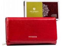 Portfel skórzany Peterson PTN 421077-SG czerwony. Czerwone portfele damskie Peterson, z aplikacjami, ze skóry. Za 222.37 zł.