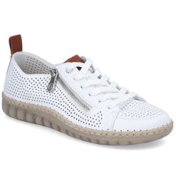 Skórzane półbuty damskie ażurowe białe Rieker N2405-80. Białe półbuty damskie Filippo, w ażurowe wzory, ze skóry, bez obcasa, bez zapięcia. Za 369.00 zł.