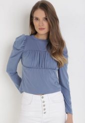 Niebieska Bluzka Asileia. Niebieskie bluzki damskie Born2be, bez wzorów, z bawełny, bez kołnierzyka, bez ramiączek. Za 49.99 zł.