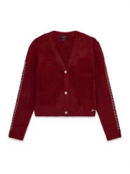 Guess Kardigan J6BR02 Z1334 Czerwony ciemny Regular Fit. Czerwone swetry dziewczęce Guess, z aplikacjami, z syntetyku, bez kołnierzyka, bez ramiączek. Za 264.99 zł.