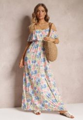 Biało-Niebieska Sukienka Maxi Bawełniana w Kwiaty z Falbanką Saranna. Białe sukienki damskie Renee, bez wzorów, z bawełny, bez ramiączek. W wyprzedaży za 67.99 zł.