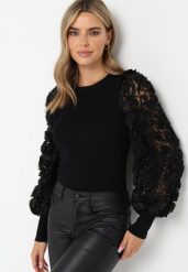 Czarny Sweter z Elastycznego Materiału i Zdobionymi Rękawami ze Ściągaczami Olufemi. Czarne swetry klasyczne damskie Born2be, s, bez kołnierzyka. Za 129.99 zł.